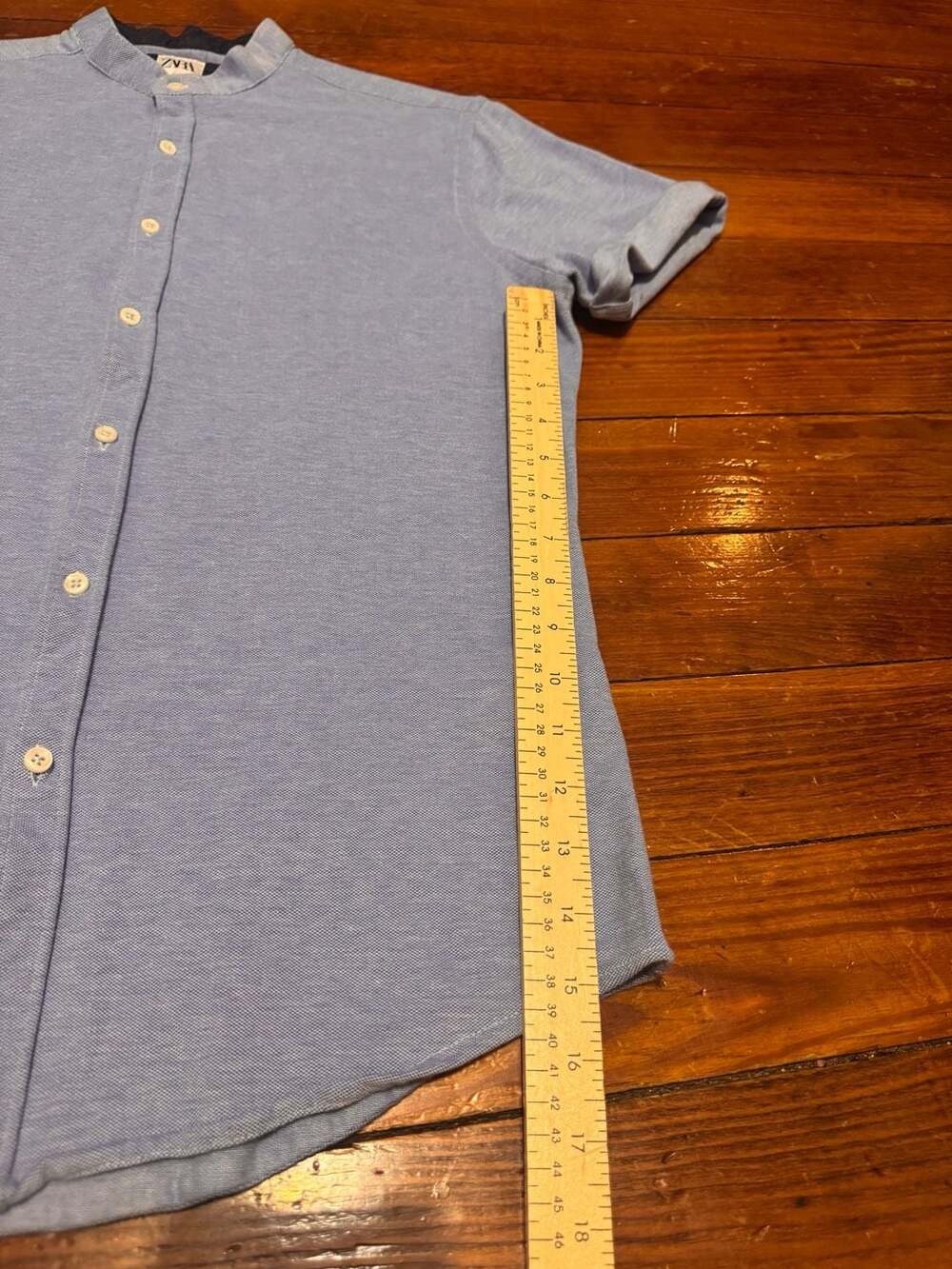 Zara Men's Slim Fit Light Blue Short Sleeve Band Collar Cotton Polo Shirt SIZE L - Picture 4 of 6